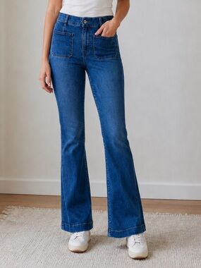 SPANX Flare Patch Pocket Jeans S Petite Wide Hem Y2K Style Stretch